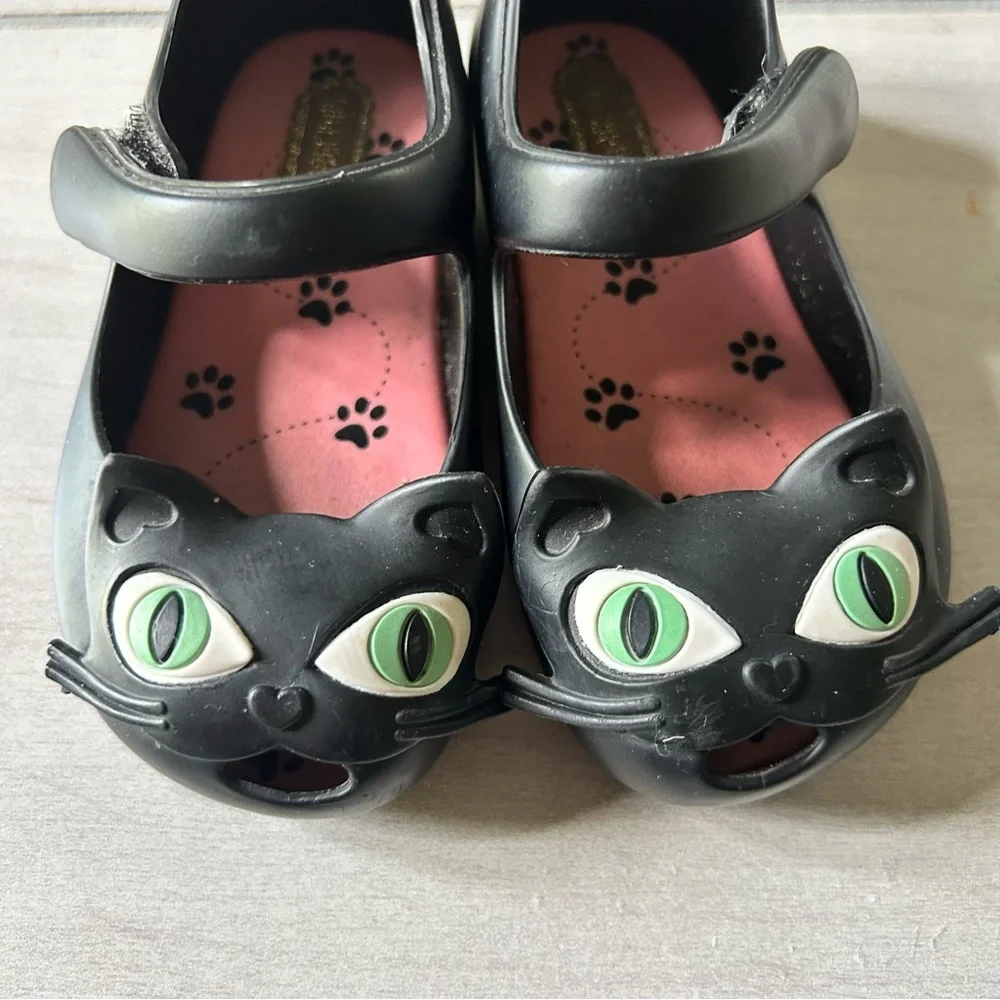 Mini Melissa Black Cat Mary Jane Velcro Sandals
